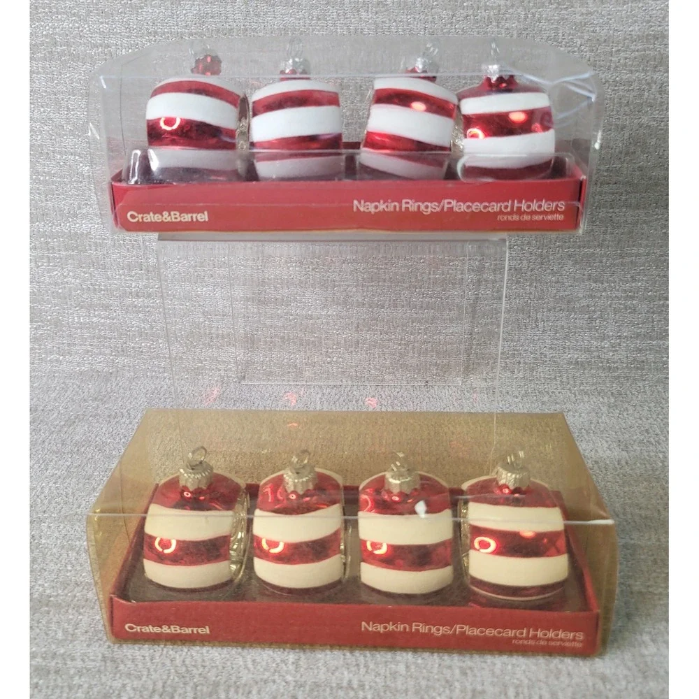 Crate & Barrel Christmas Ornament Napkin Rings Placecard Holders Red White 8 NEW